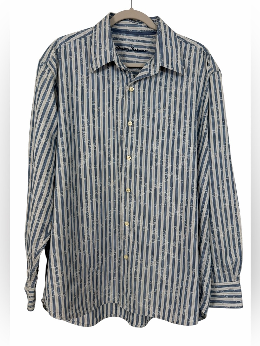 Tommy Bahama Blue White Stripe Button Down Floral Silk Blend Vacation Size XL